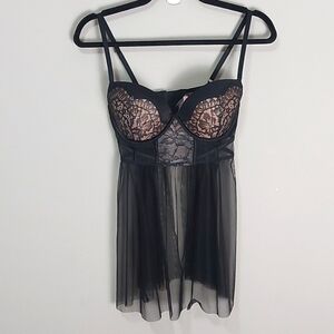 Victoria's Secret Babydoll Padded Bra 36C Black Lace Sheer Underwired Push-Up
